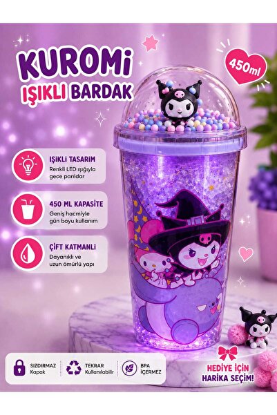 PeriMila Kuromi Figürlü Işıklı Pipetli Bardak Çift Cidarlı 450ml