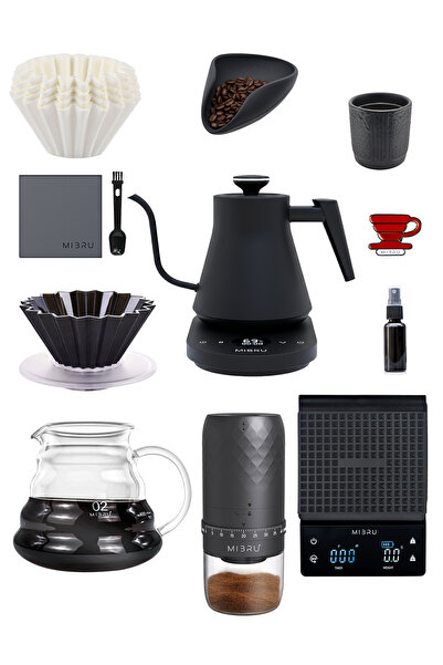 MIBRU طقم V60 لتحضير القهوة بالتنقيط، 9 قطع، فلتر، غلاية كهربائية، مطحنة، ماك...