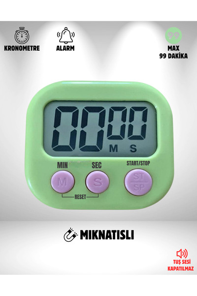 Folveit Yeşil Renk Dijital Ekranlı Alarmlı Kronometre Mıknatıslı Mutfak Zaman...