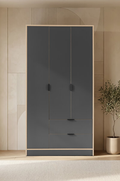 SARMOBİ Arden 3 Kapaklı 2 Çekmeceli Gardırop Y:182 G:97 D:44 / Antrasit