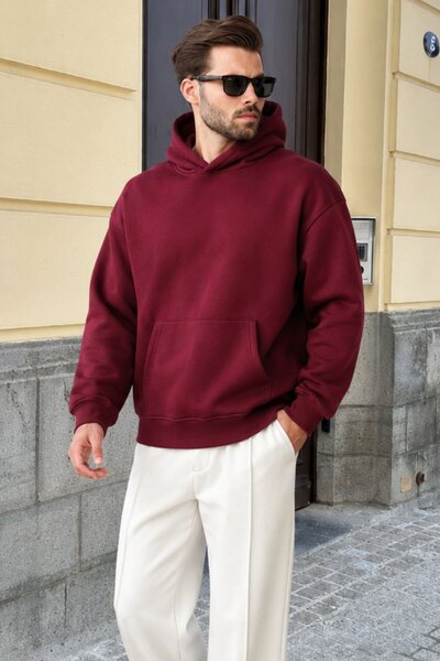 Madmext Claret Red Hooded Kangaroo Pocket Men's Sweatshirt E7169