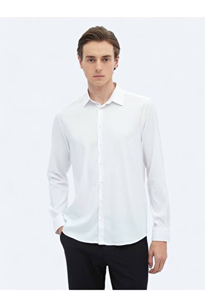 Kip White Plain Regular Fit Long Woven Casual Shirt