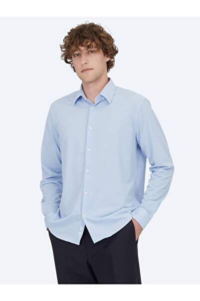 Kip Light Blue Striped Regular Fit Long Casual Cotton Blend Shirt