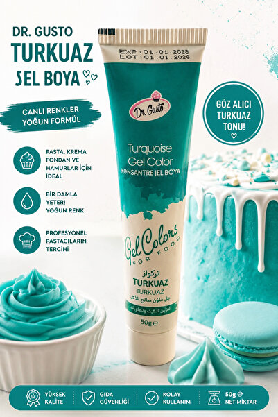 Dr. Gusto Turkuaz Jel Gıda Boyası Konsantre Tüp 50 gr - Pasta Krem Şanti Şeke...