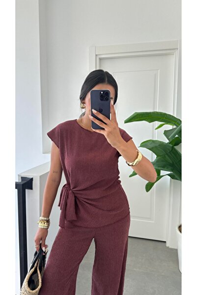 Paw Garage Kadın Sienna Bordo Bağlama Detaylı Krinkıl Kumaş Bluz Pantolon Takım