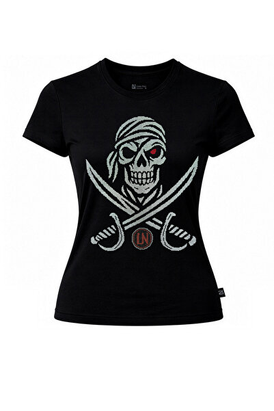 STRTO-Outlaw,Taşlı T-shirt , %100 Pamuk,Kadın,Slim, Siyah ,Bisiklet Yaka,Rhinestone Tasarım