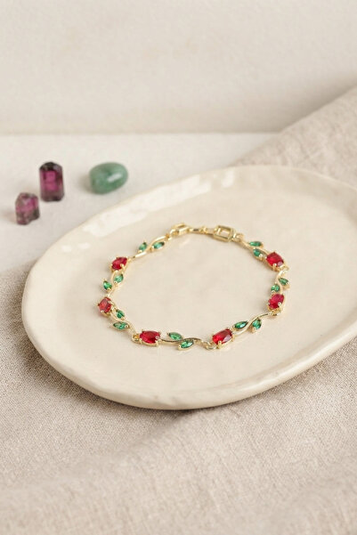Lisinya Brass Gold Color Red Zircon Stone Flower Model Women's Bracelet -