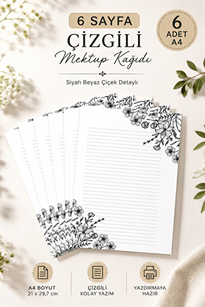Welly Jones Black and White Floral Detailed, Striped Letter-Note Paper, (10 P...