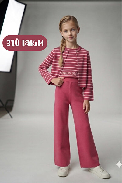 Hilal Akıncı Kids Girl's Slogan Printed Knitwear Blouse Cardigan Trousers 3-P...