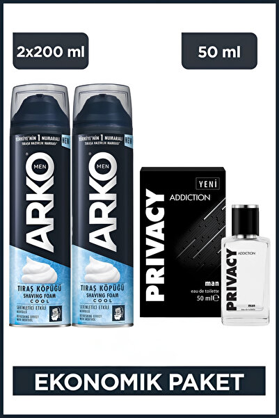 Arko Men Cool Tıraş Köpüğü 2x200 Ml + Privacy Men Addiction Edt Parfüm 50 Ml