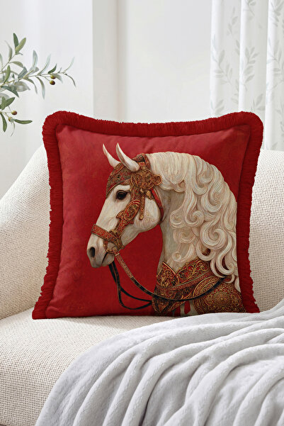 Realhomes Ottoman-Inspired White Horse Figured Fringed Cushion Cover on Red B...