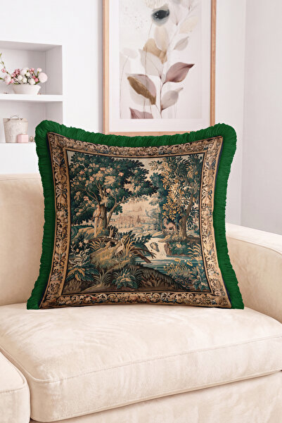Realhomes Classic Tapestry Patterned Green Fringed Cushion Cover with Forest ...