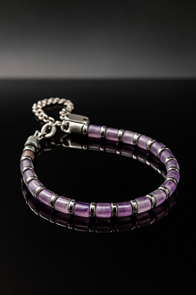 OSMANLI GÜMÜŞ Men's Steel Bracelet - Purple Amethyst Natural Stone Women's Me...