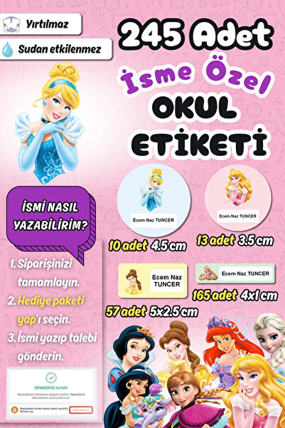 Sticker Ekspres Okul Etiketi Prenses Temalı Kalem Defter Etiketi Özel İsim Ya...