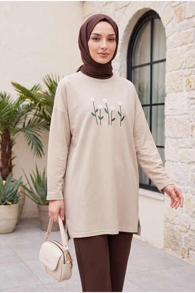 Modamorfo Daisy Embroidered Round Neck Combed Cotton Tunic - Stone