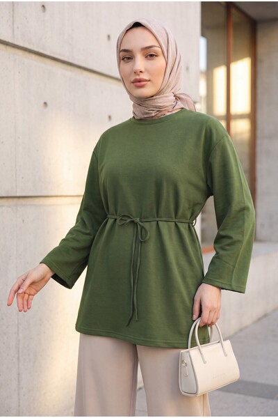Modamorfo Round Neck Tie-Waist Combed Cotton Tunic -Khaki