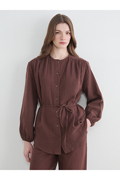 LC Waikiki LCW Modest Kahverengi Hakim Yaka Beli Kuşaklı Kadın Gömlek Tunik