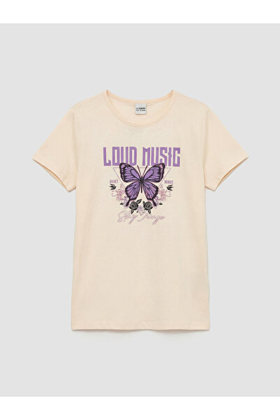 LC Waikiki Trendlucky Girls' T-Shirt with Oval Collar and Printed Design