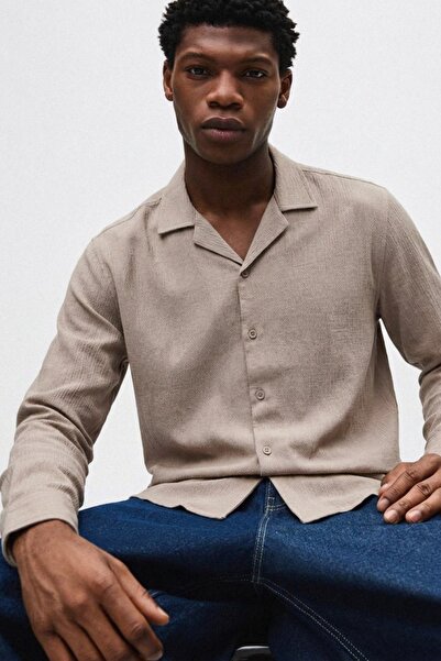 comstar Men's Basic Double Breasted Collar Long Sleeve Brown Linen Shirt