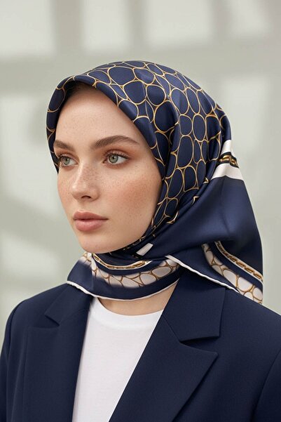 Vissona %100 Twill İpek Gold Halka Desenli Lacivert - Krem Renkli 90x90 Eşarp...