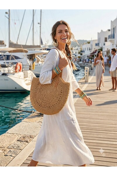 mucize Bohemian Wicker/Paper String Zippered and Lined Shoulder Bag