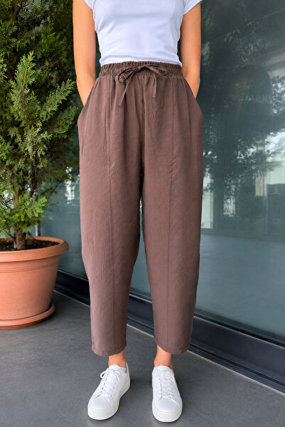 Rich Women's Brown Woven Carrot Pants with Elastic Waist