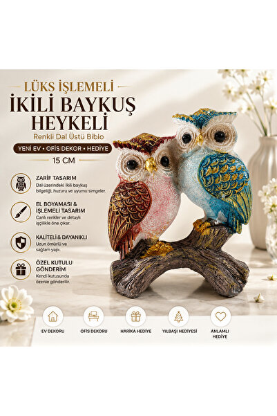 e-life shop İkili Baykuş Heykeli Dekoratif Biblo Lüks İşlemeli Dal Üstü Ev Of...