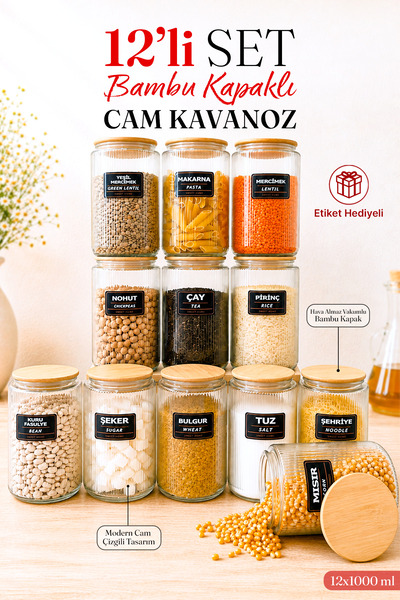 naturelove 12'li Etiketli Cam Kavanoz Seti – Bambu Hava Almaz Vakum Kapaklı Ç...