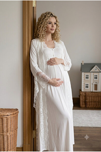 Generic Brand Lace Detailed Maternity Dressing Gown Set - Cotton Nightgown Se...