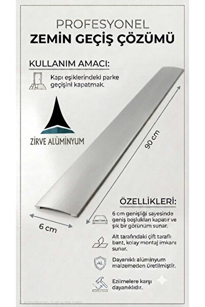 Zirve Alüminyum Alüminyum 6 cm Kapı Eşik Profili 90 cm'ye Kadar Özel Ölçü Par...