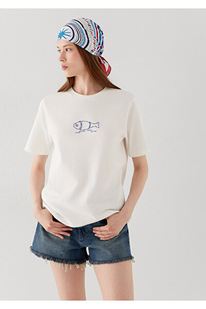 Mavi Beaded Fish Detail Ecru T-Shirt Regular Fit / Normal Cut 1614297-70057