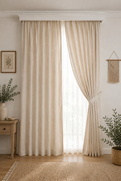 linea natura home Keten Bohem Natural Vintage Sade Düz Perde - Fon Perde - Te...