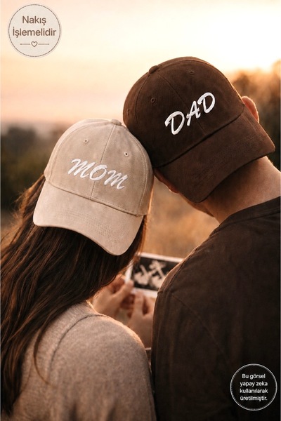 sf collection MOM & DAD Nakışlı Kahverengi-Krem 2’li Çift Kombin Şapka
