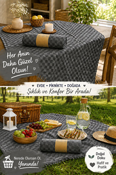 garaccu Şık Masa Örtüsü Pötikareli Piknik Örtüsü Sofra Bezi 130x170 Cm Siyah
