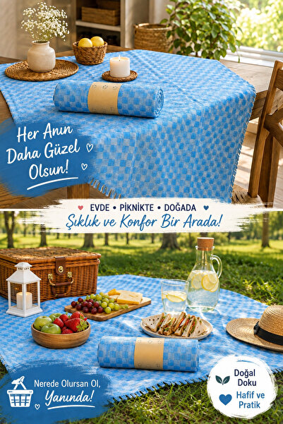 garaccu Şık Masa Örtüsü Pötikareli Piknik Örtüsü Sofra Bezi 130x170 Cm Mavi