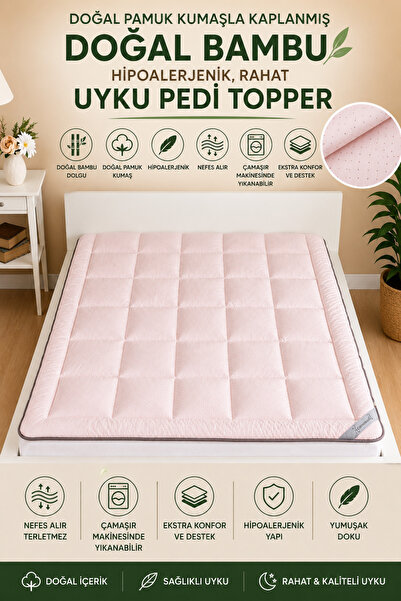 homewell %100 Saf Bambu Hipoalerjenik Çift Kişilik Rahat Uyku Pedi Topper Pembe