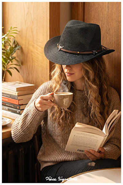 PIECE SIGNATURE Pălărie Fedora din paie, 100% hârtie, cu accesoriu Buffalo Sh...