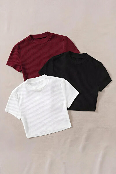 ÖZ PAMUK Set 3 tricouri cropped tricotate cu nervuri pentru femei, cu guler r...