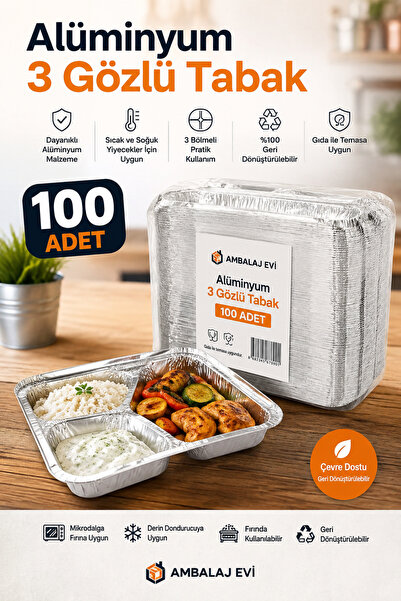 Ambalaj Evi Alüminyum 3 Gözlü Yemek Tabağı 100 Adet Tek Kullanımlık Servis Kabı