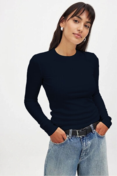 CHEISU Women's Navy Blue Long Sleeve Crew Neck T-Shirt Blouse Camisole Ribbed