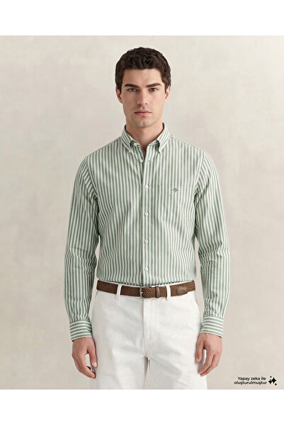 Gant Erkek Yeşil Regular Fit Çizgili Logolu Gömlek