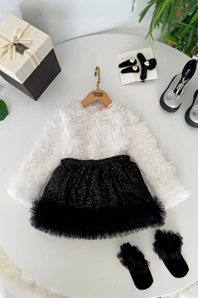 Minigimin Cicileri My Little One's Rose Detailed Girls' 2-Piece Set with Sequ...