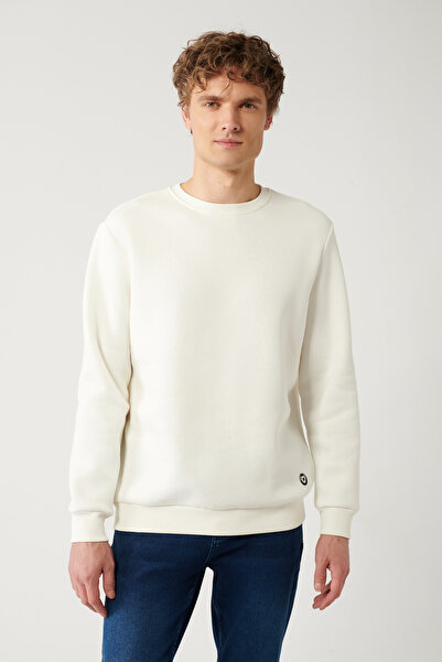 Avva Men's White Crew Neck 3 Thread Raised Cotton Sweatshirt E 001017