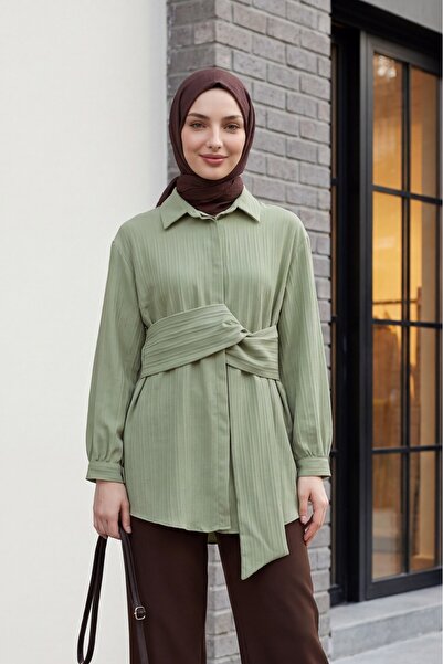 Modamorfo Waist-Tied Crinkle Tunic - Water Green