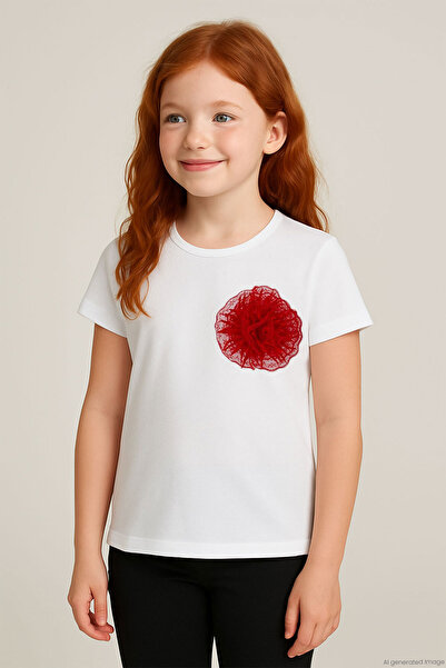 Breeze Girl's T-Shirt with Tulle Flower Accessories, Ages 5-10, White