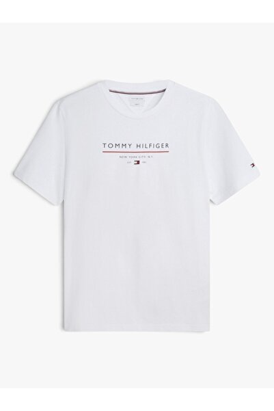 Tommy Hilfiger Erkek Kısa Kol Bisiklet Yaka Yazı Desen Slim Fit Beyaz T-Shirt