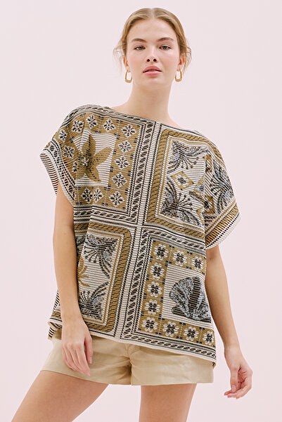 Roman Etnik Desenli Triko Bluz Standart Renk Y2571005_089