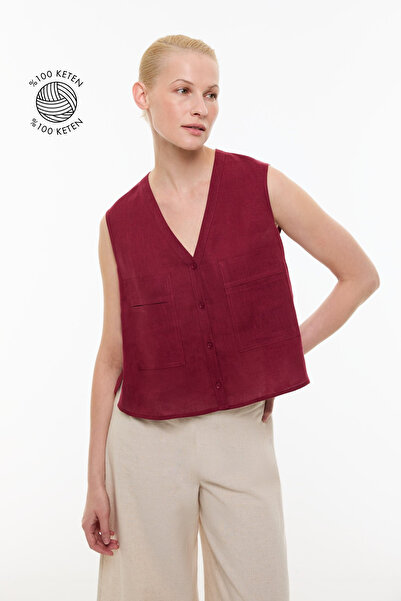 Roman Çift Cepli Keten Gömlek Bordo YY013506_008