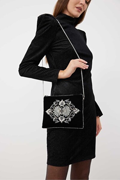 Roman Nakış İşlemeli Kadife Clutch Standart Renk K2381502_089