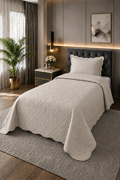 Bella Home غطاء سرير مخملي فردي من ليديا - بيج